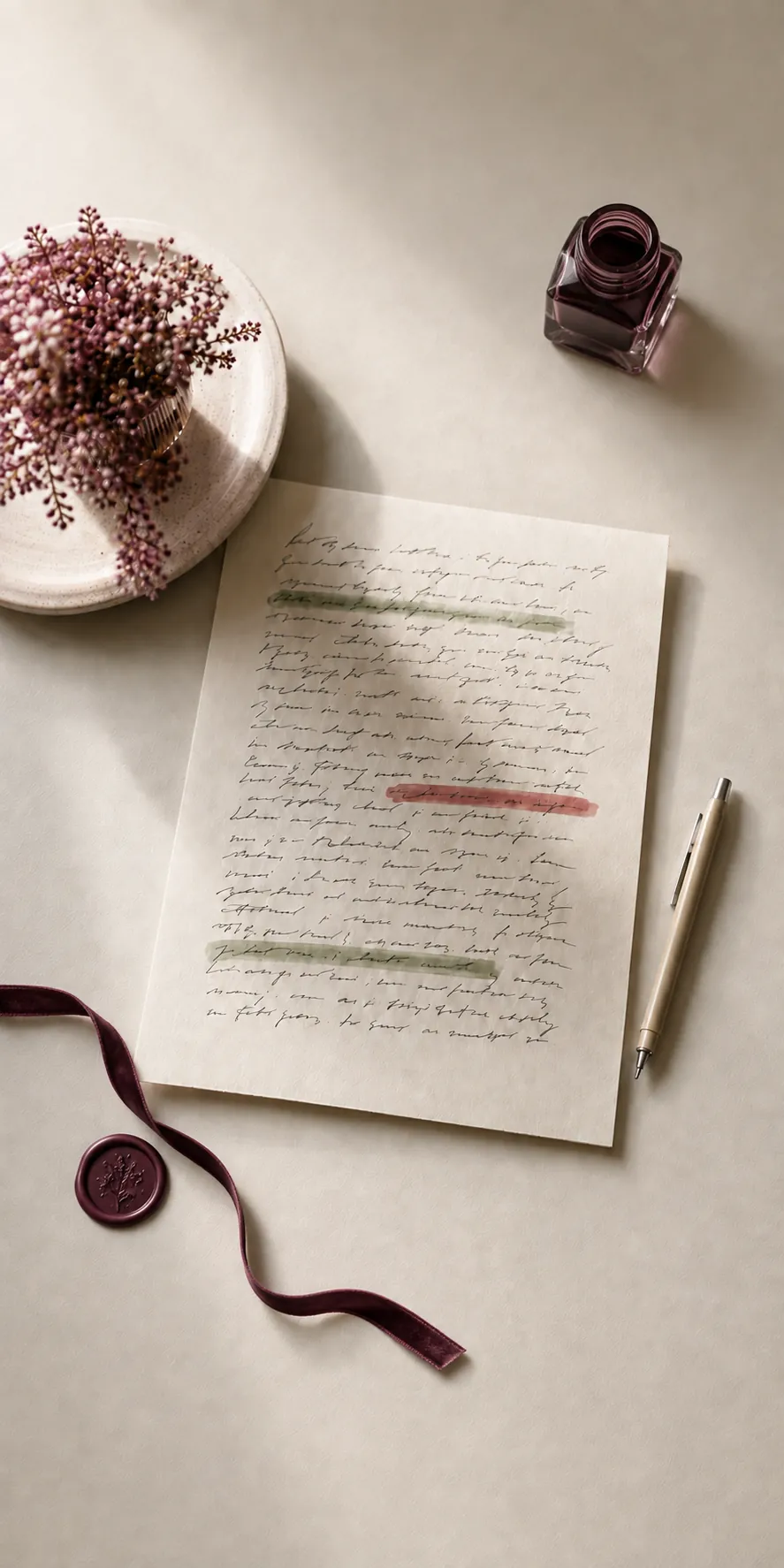 A script page on a desk: the weak opening struck through in red, the strong advice marked in green